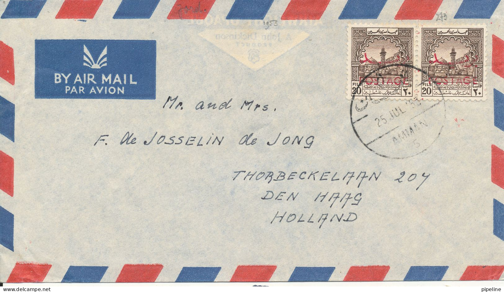 Jordan Air Mail Cover Sent To Holland 25-7-1953 Stamps Overprinted POSTAGE - Giordania