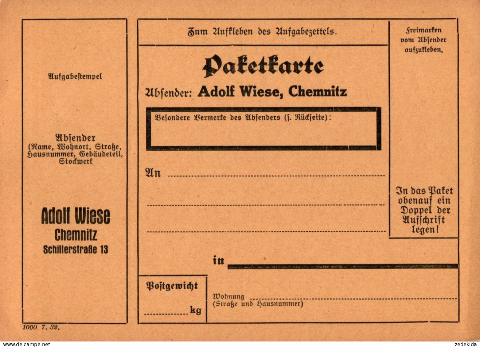 H2330 - TOP Chemnitz Adolf Wiese Paketkarte - Other & Unclassified