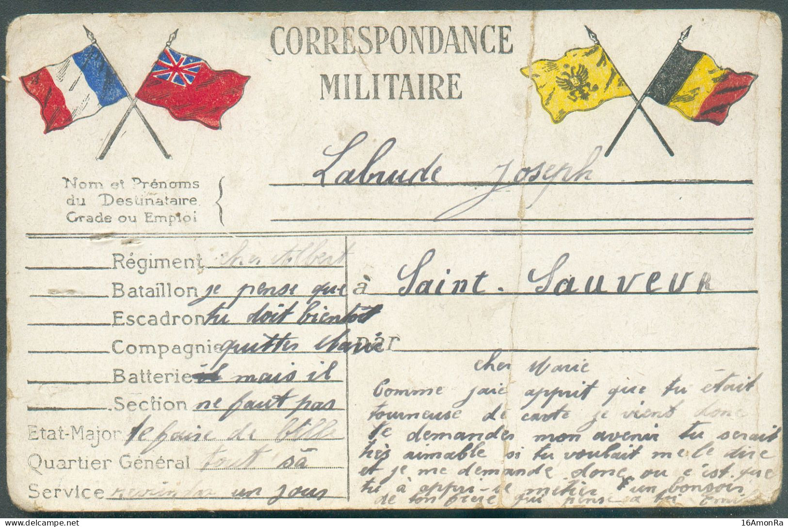 Carte Aux Drapeaux ARMEE BELGE, ANGLAISE RUSSE Et FRANCAISE écrite Du PAS-DE-CALAIS 3-2-1915 Vers Saint-Sauveur.  Texte - Belgische Armee