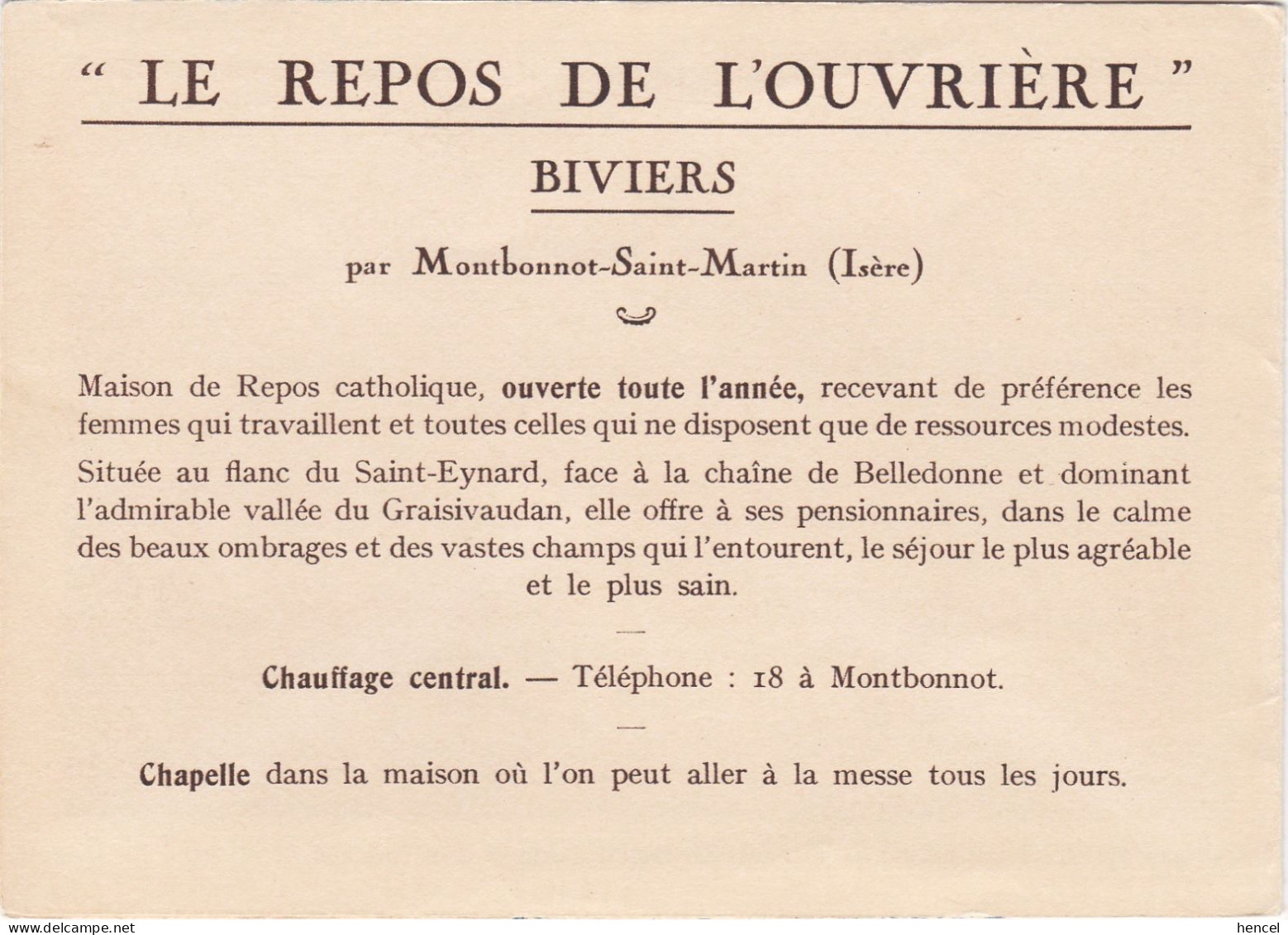 Dépliant Touristique. BIVIERS(38) Par MONTBONNOT-St-MARTIN "Le Repos De L'Ouvrière". - Toeristische Brochures