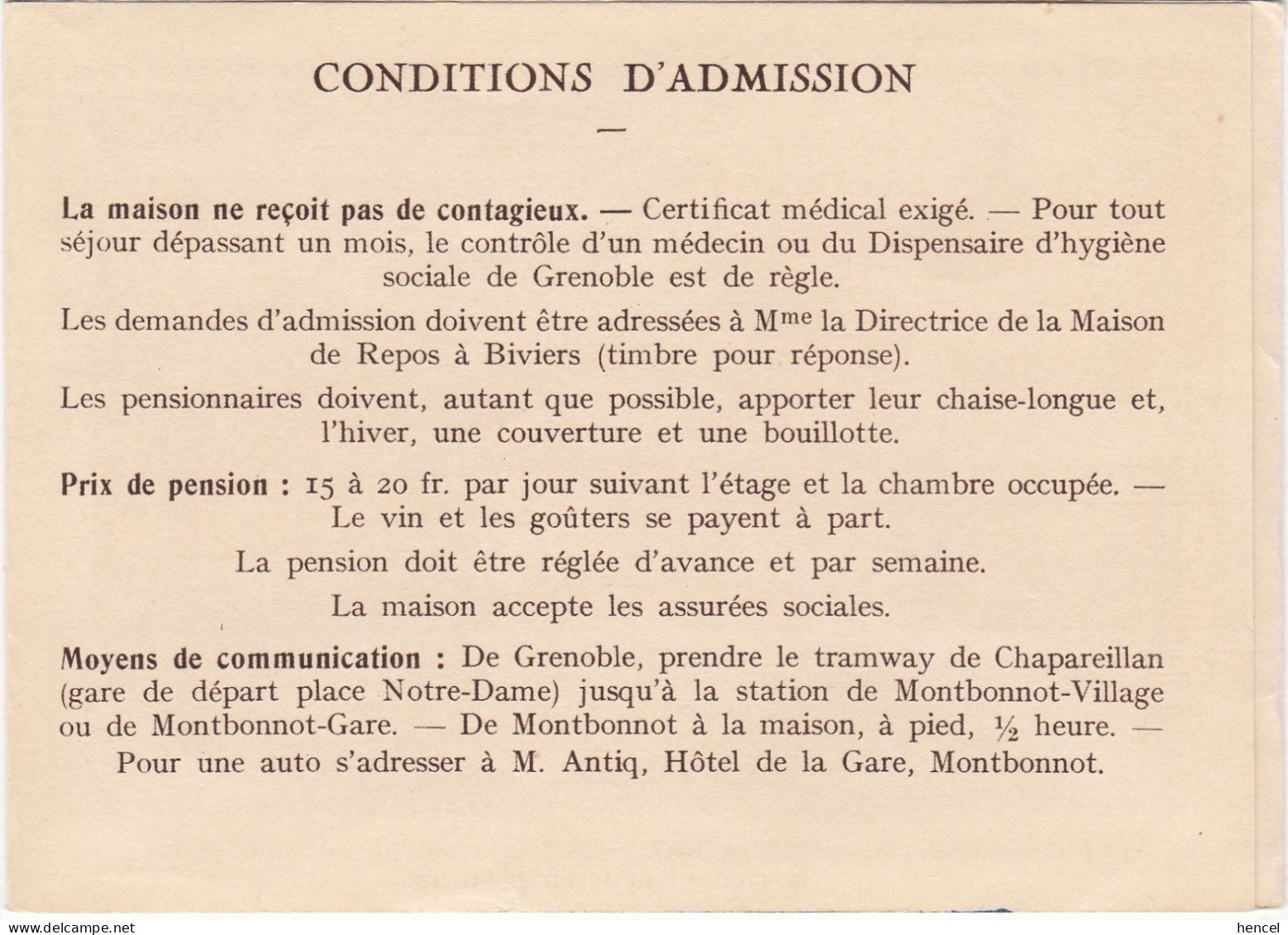 Dépliant Touristique. BIVIERS(38) Par MONTBONNOT-St-MARTIN "Le Repos De L'Ouvrière". - Toeristische Brochures