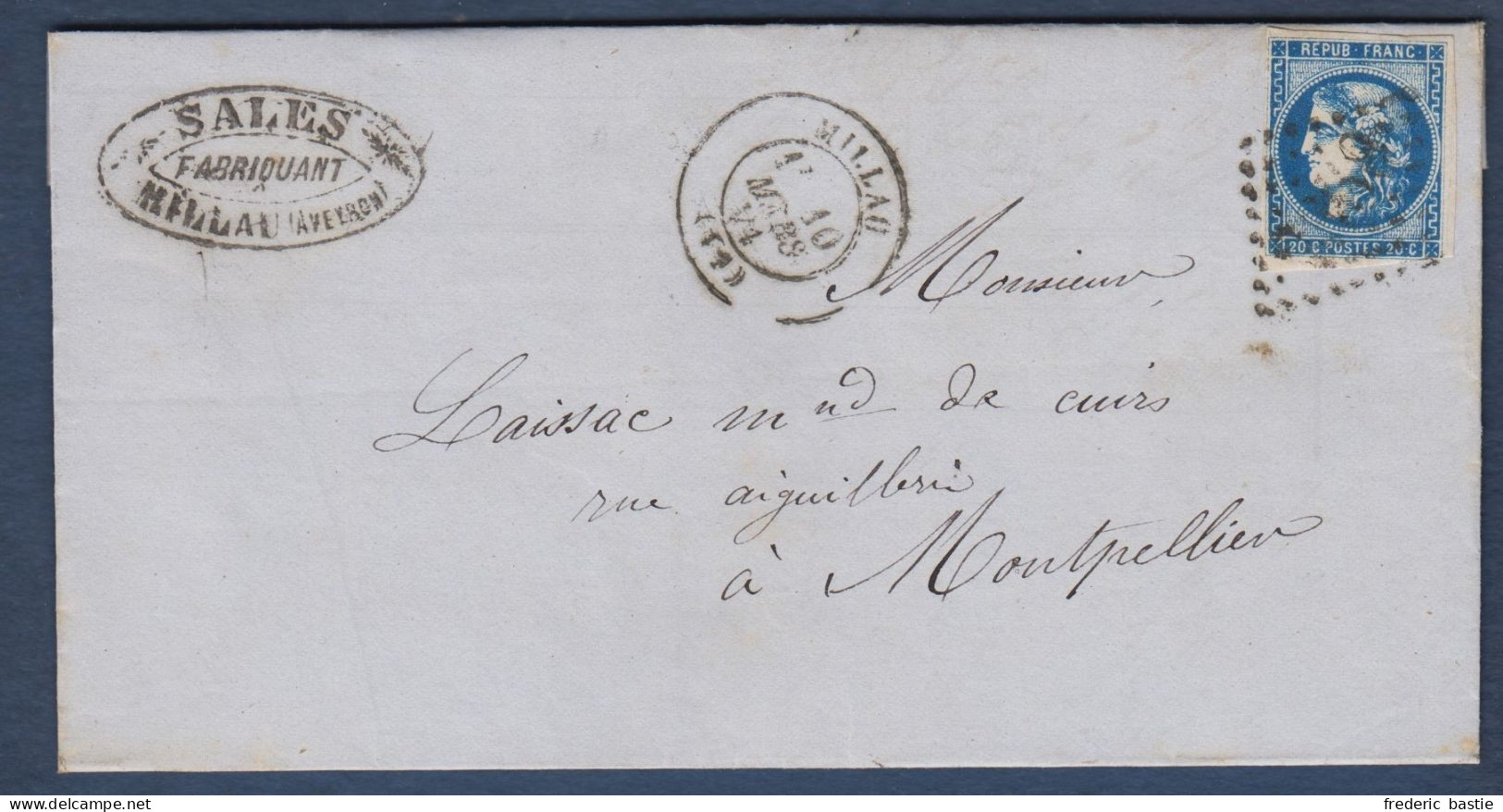 Bordeaux N° 46B  Sur  Lettre  De Millau - Cote : 30 € - 1870 Ausgabe Bordeaux