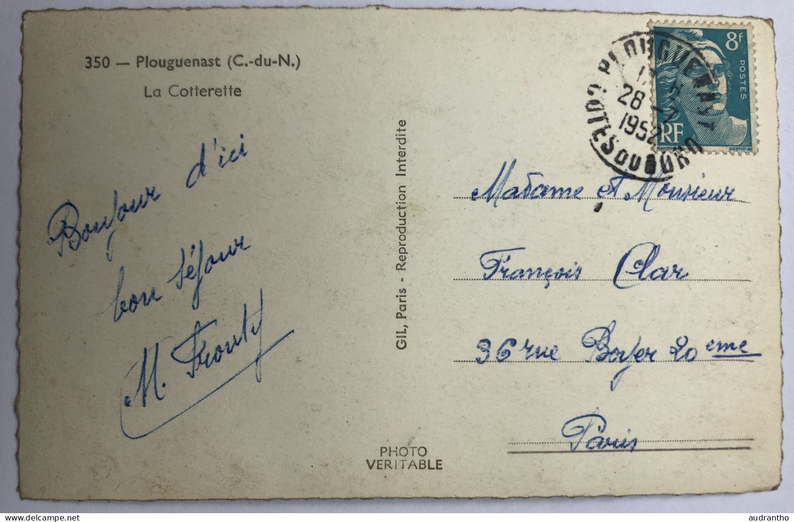 CPSM 22 PLOUGUENAST - La COTTERETTE - Personnages Vespa ? - 1952 - Sonstige & Ohne Zuordnung