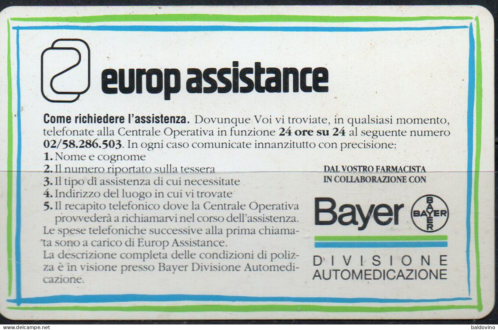 Tessera Bayer Assistence Card - Autres & Non Classés