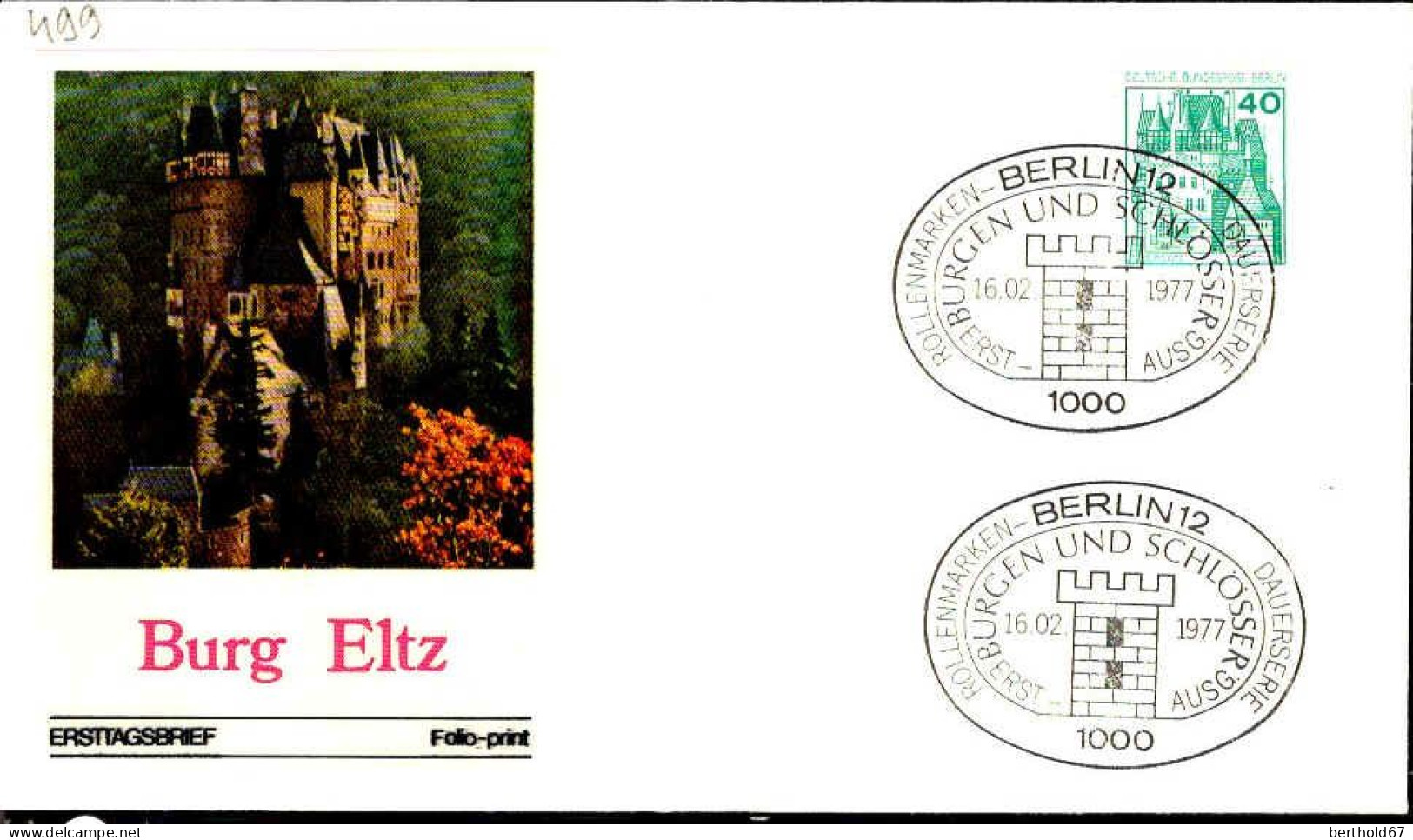 Berlin Poste Obl Yv:499 Mi:535AI Burg Eltz (TB Cachet à Date) Fdc Berlin 16-2-77 - 1971-1980