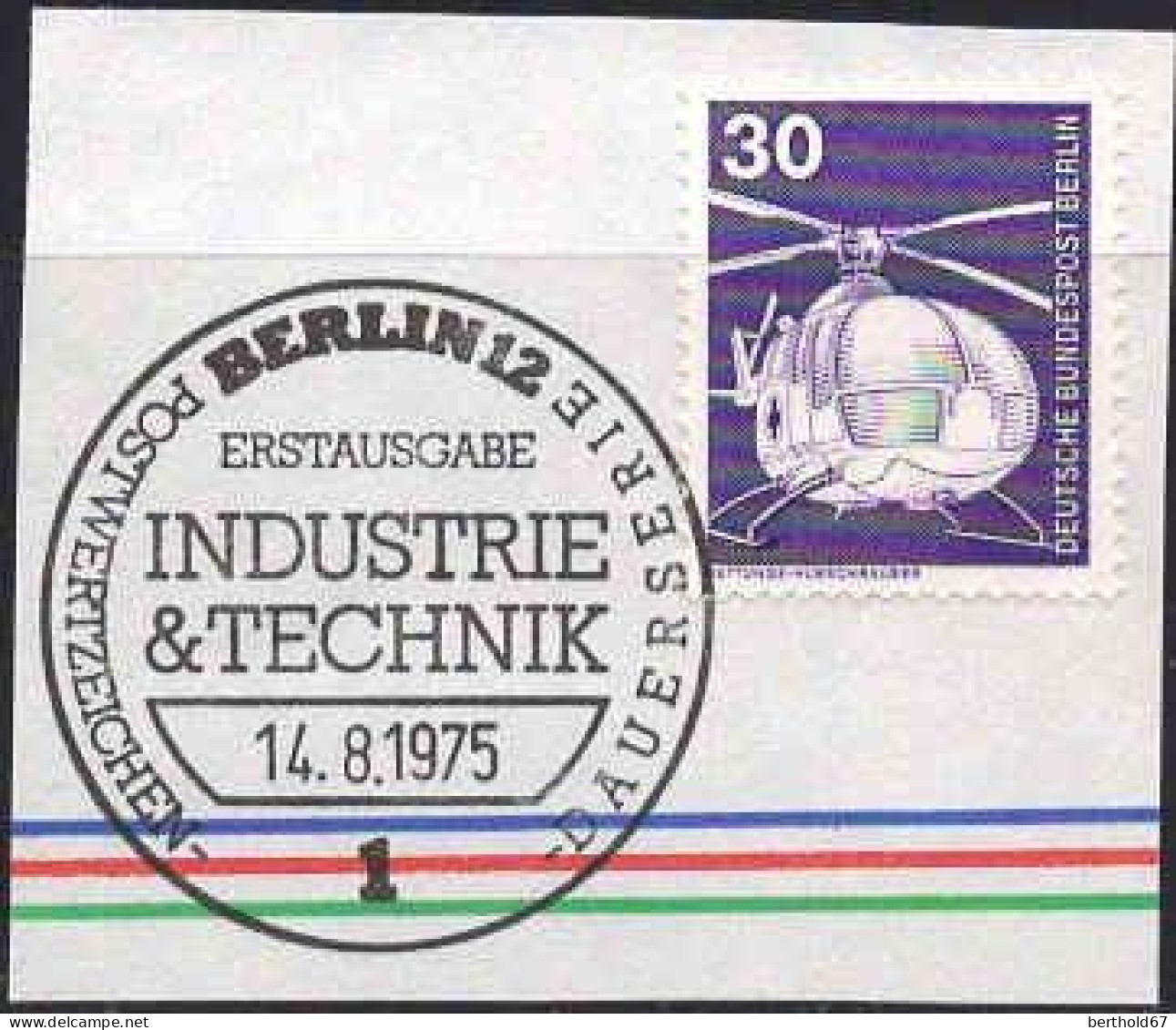 Berlin Poste Obl Yv:461 Mi:497 Hubschrauber Fdc 14-8-1975 Sur Fragment (TB Cachet à Date) - 1971-1980