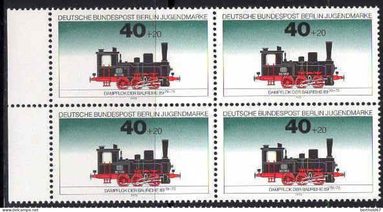 Berlin Poste N** Yv:453 Mi:489 Jugendmarke Dampflok Der Baureihe 89 70-75 Bloc De 4 Bord De Feuille - Neufs