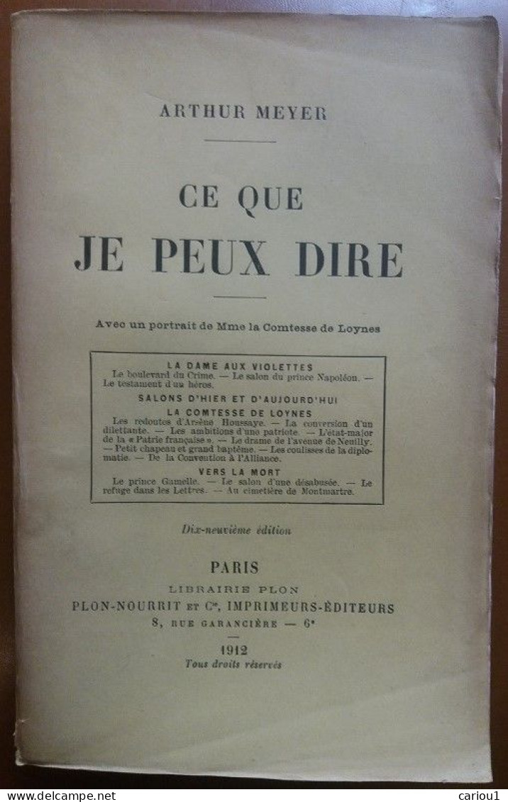 C1 JUDAICA Arthur MEYER - CE QUE JE PEUX DIRE Epuise  PORT INCLUS France - 1901-1940