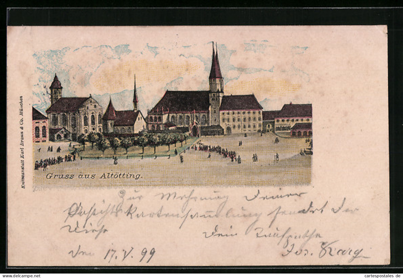 Künstler-AK Altötting, Passanten Auf Dem Stadtplatz Vor Der Kirche  - Altoetting