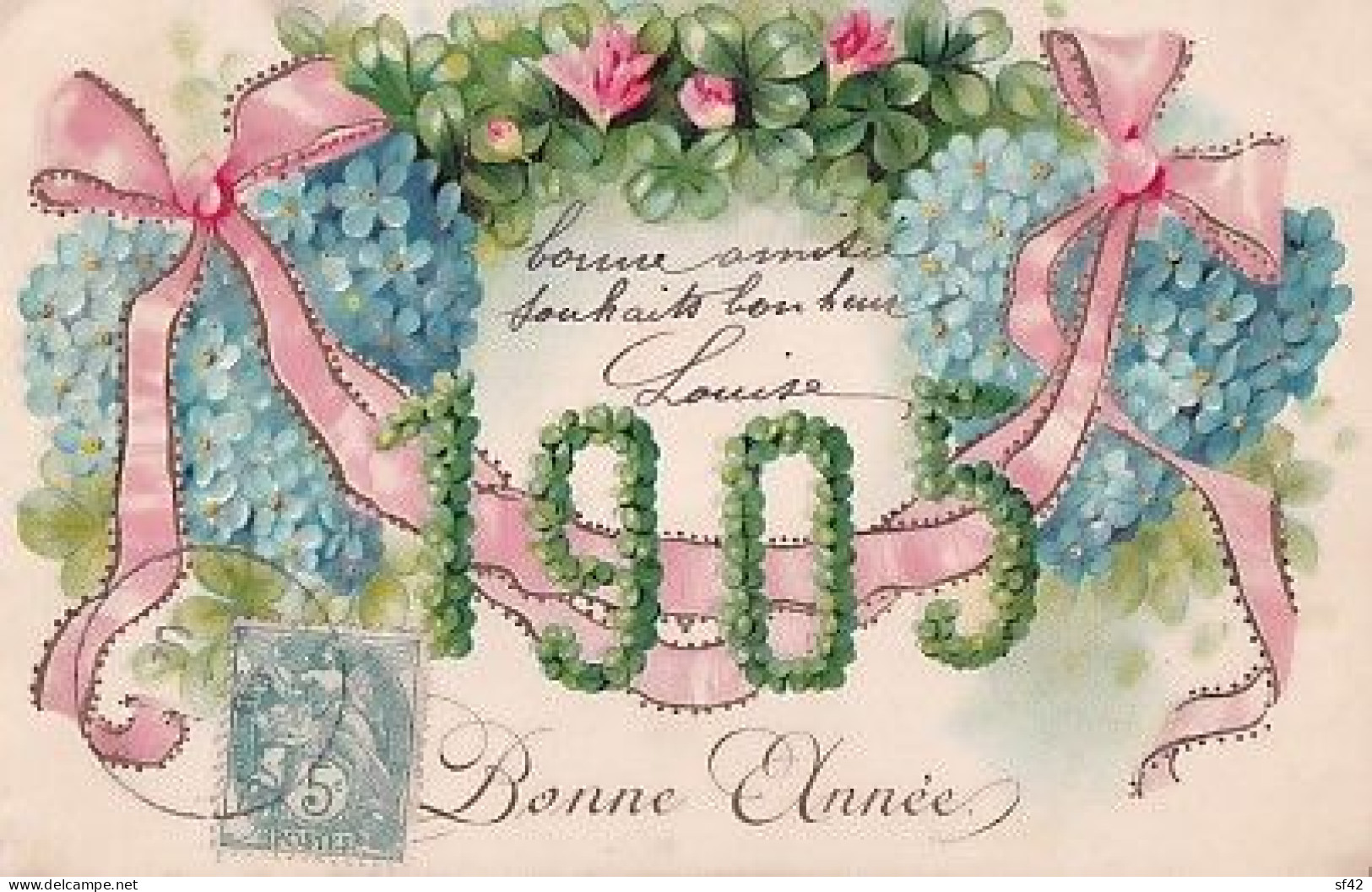 BONNE ANNEE 1905       MILLESIME +  RUBAN       CARTE EN RELIEF - New Year