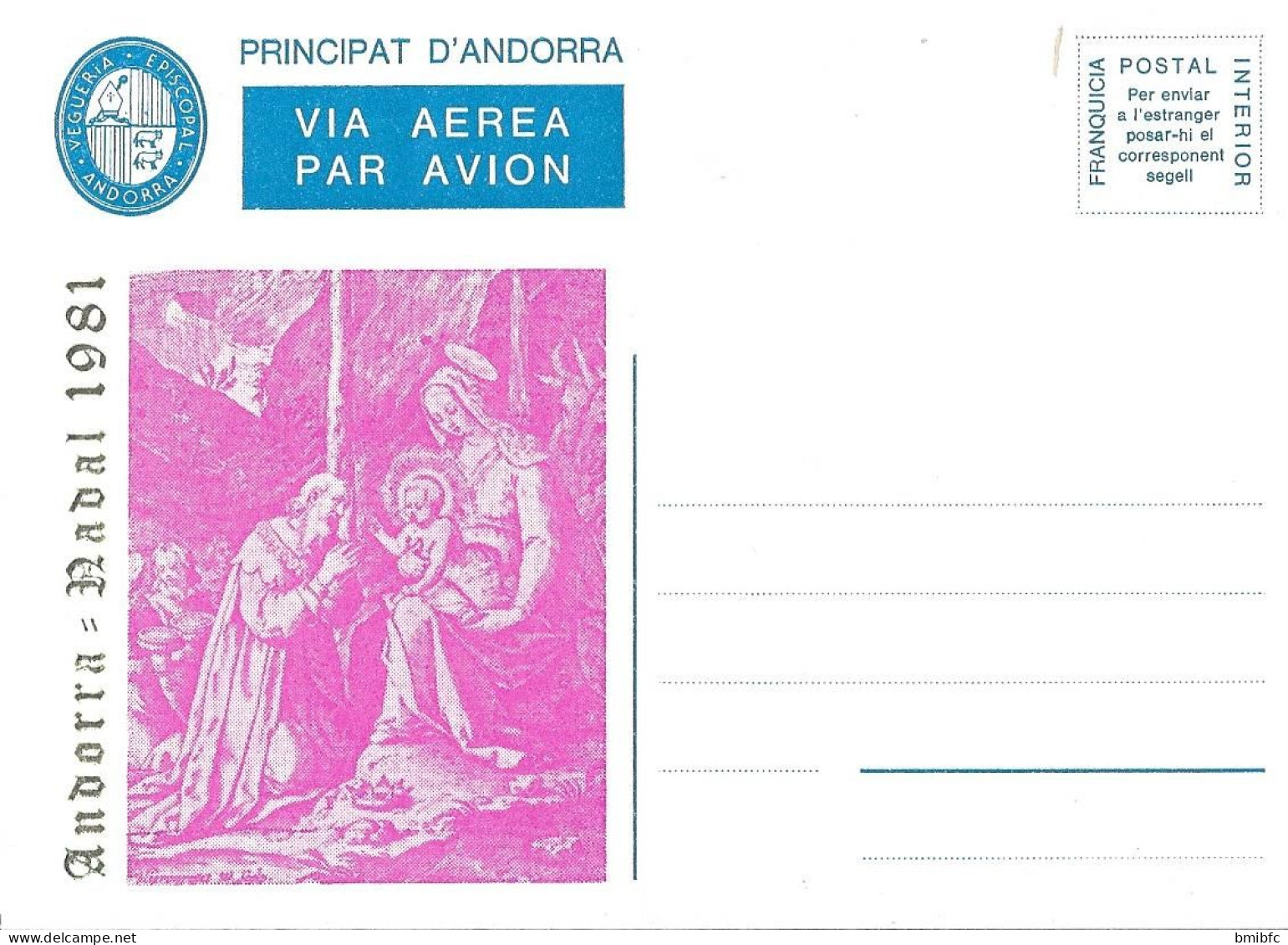 PRINCIPAT D'ANDORRA VIA AEREA  - ANDORRA = NADAL 1981 (au Dos N° 005769) - Viguerie Episcopale