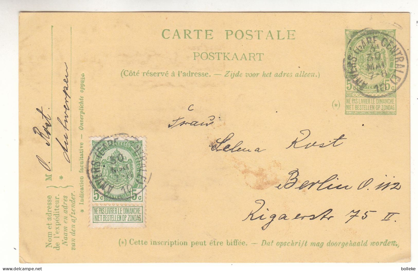 Belgique - Carte Postale De 1915 ? - Oblit Anvers Gare Centrale - Exp Vers Berlin - - Postkarten 1909-1934