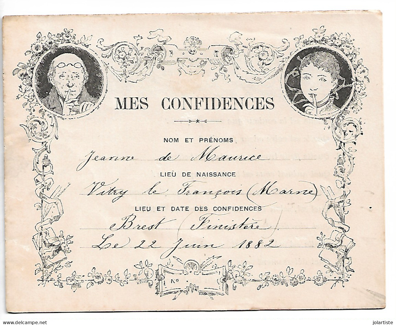 Vitry Le Francois (51) 1882 Mes Confidences De Jeanne DE MAURICE De  8 Pages Et Autographe Clas 5 N0174 - Sonstige & Ohne Zuordnung