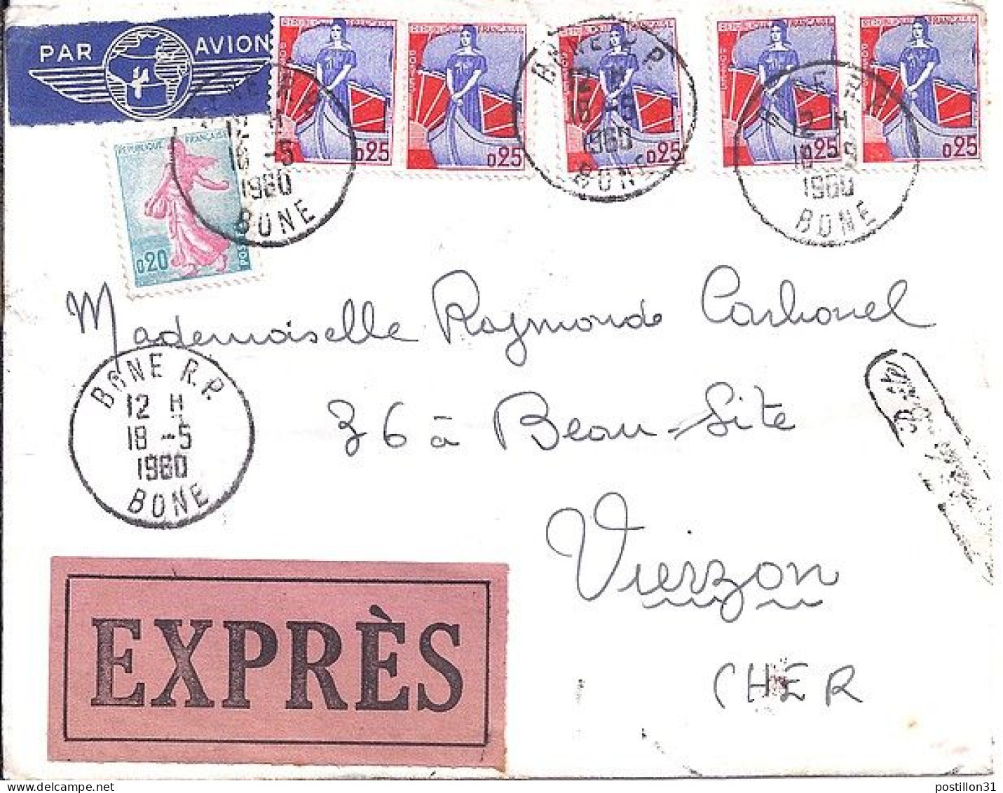 MARIANNE A LA NEF N° 1234x5/1233 S/L.EXPRES DE BONE(ALGERIE)/1960 - 1959-1960 Marianne In Een Sloep