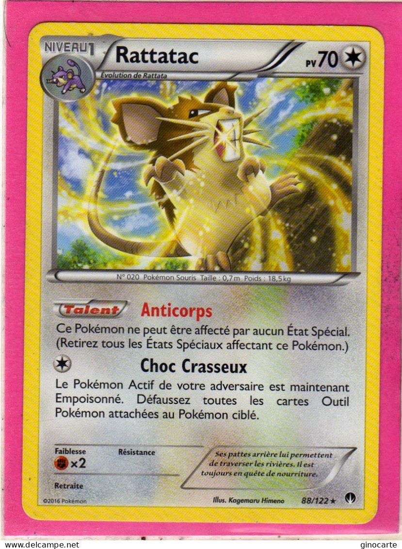 Carte Pokemon Francaise 2016 Xy Rupture Turbo 88/122 Rattatac 70pv Bon Etat - XY