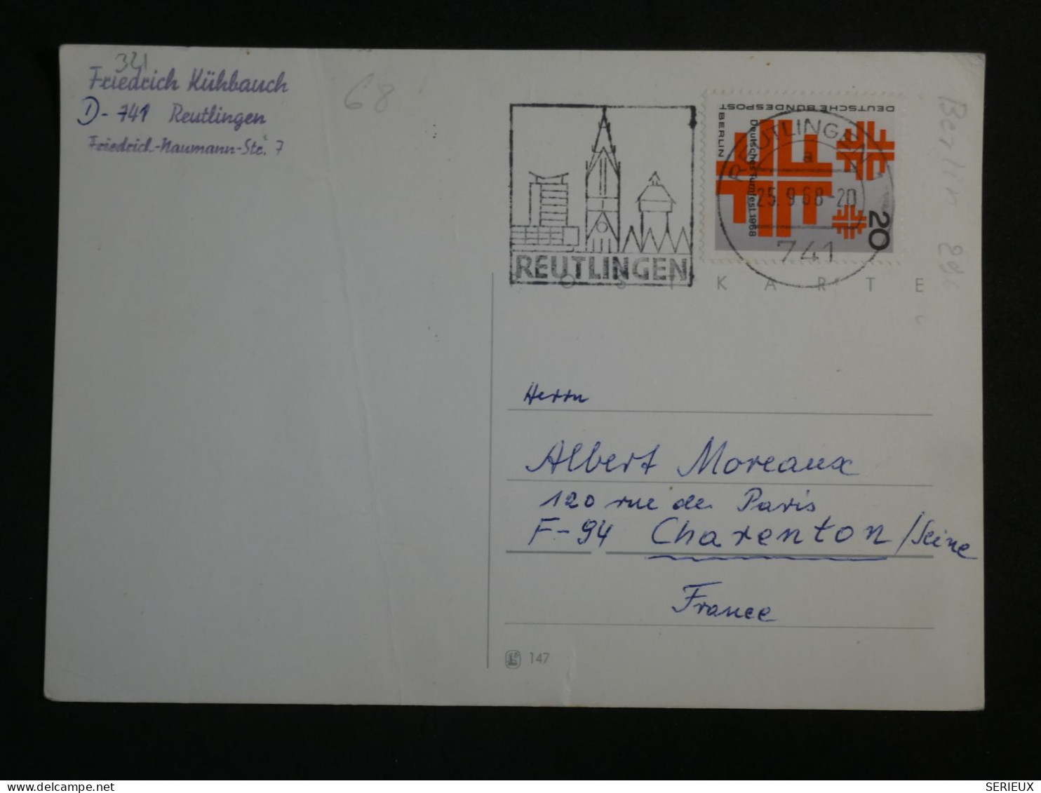 DO16  ALLEMAGNE CARTE  1968   A  CHARENTON    FRANCE     +AFF. INTERESSANT+ +++++ - Covers & Documents