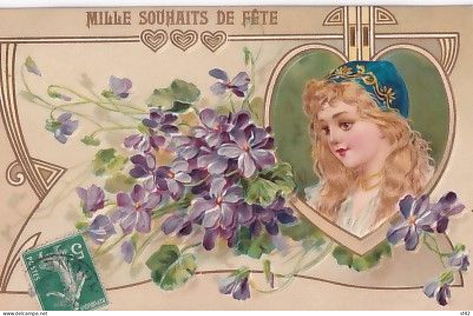 BLONDE DANS UN COEUR  + VIOLETTES    CARTE EN RELIEF ET DOREE   KF 3120 - Autres & Non Classés