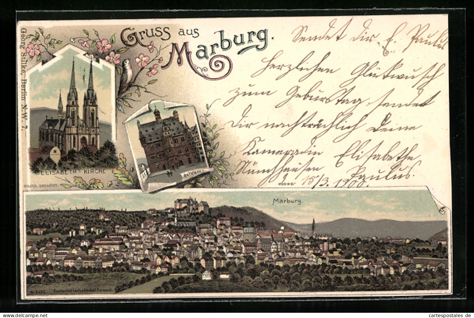 Lithographie Marburg, Elisabeth-Kirche, Rathaus, Panorama  - Marburg