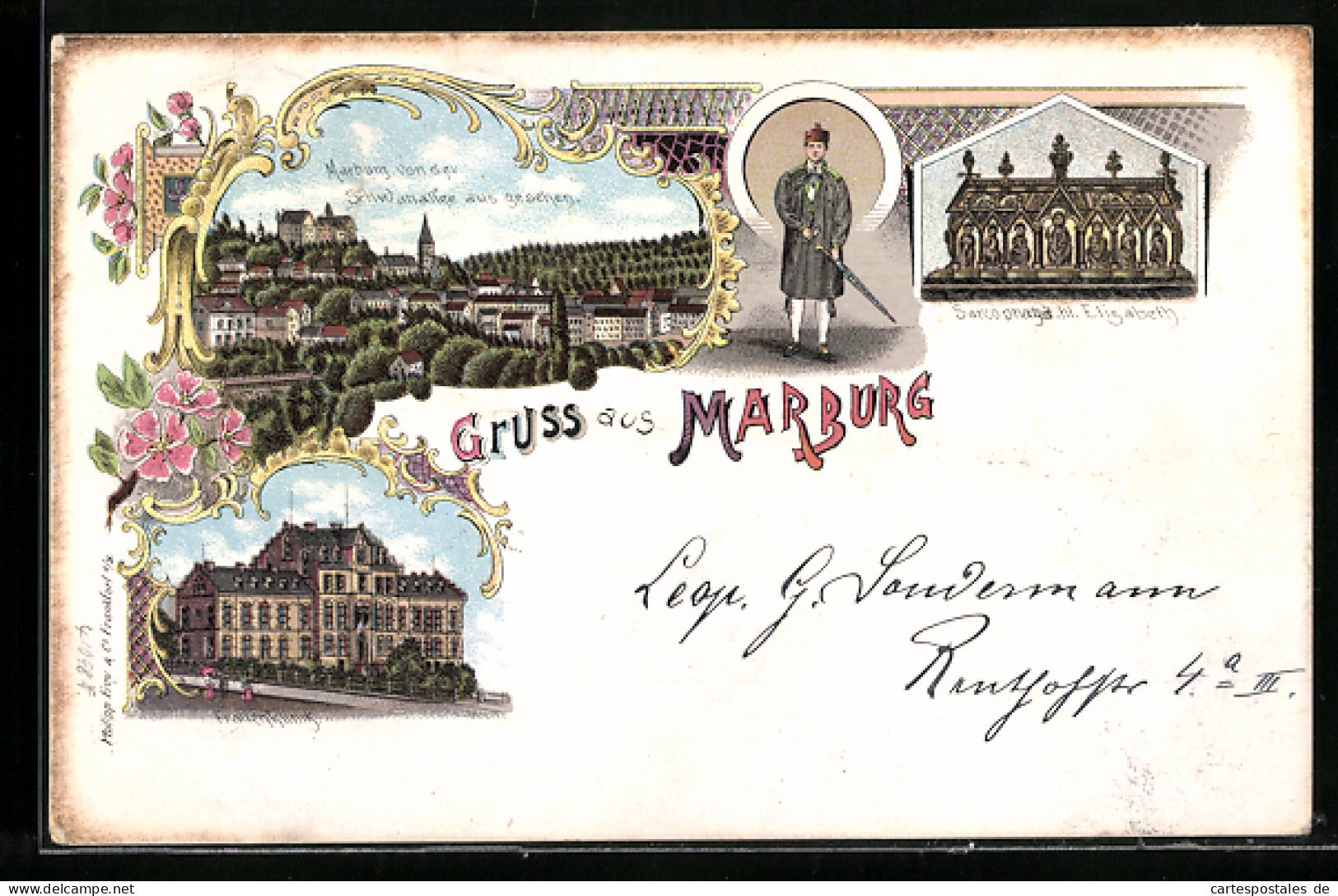 Lithographie Marburg, Sarcopharg D. Hl. Elisabeth, Frauenklinik Und Ortsansicht Von Der Schwanallee Aus Gesehen  - Marburg