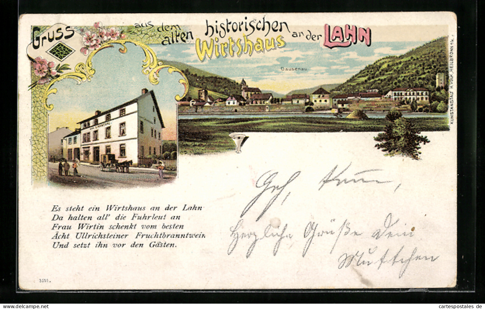 Lithographie Dausenau /Lahn, Gasthaus Zum Lahntal, Teilansicht  - Other & Unclassified