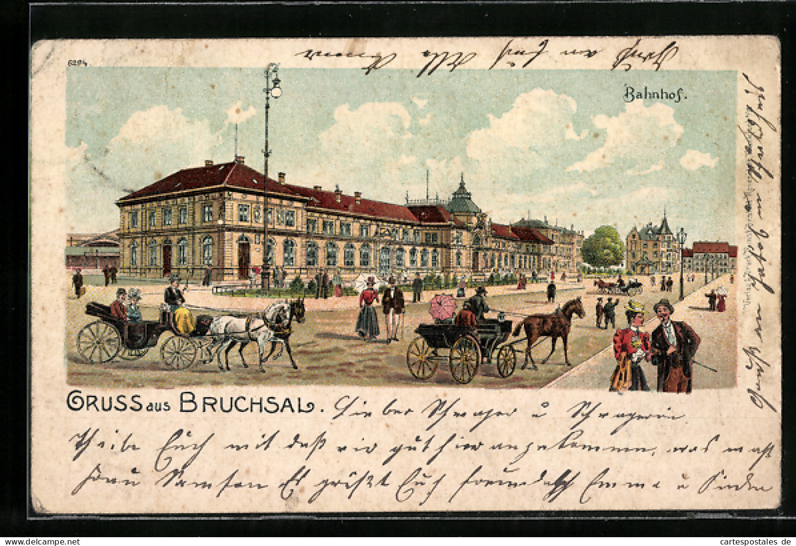 Lithographie Bruchsal, Kutschen Und Passanten Vor Dem Bahnhof  - Bruchsal