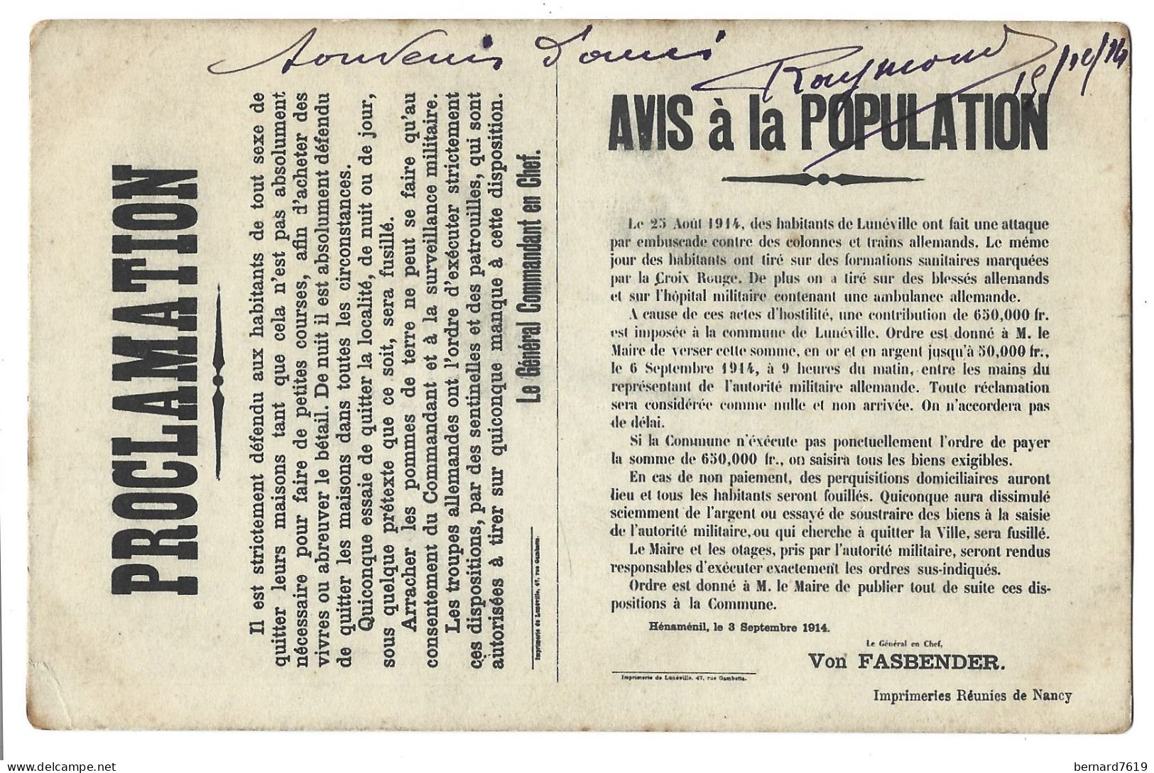 54 Luneville - Proclamation - Avis A La Population - 23 Aout 1914 - Luneville