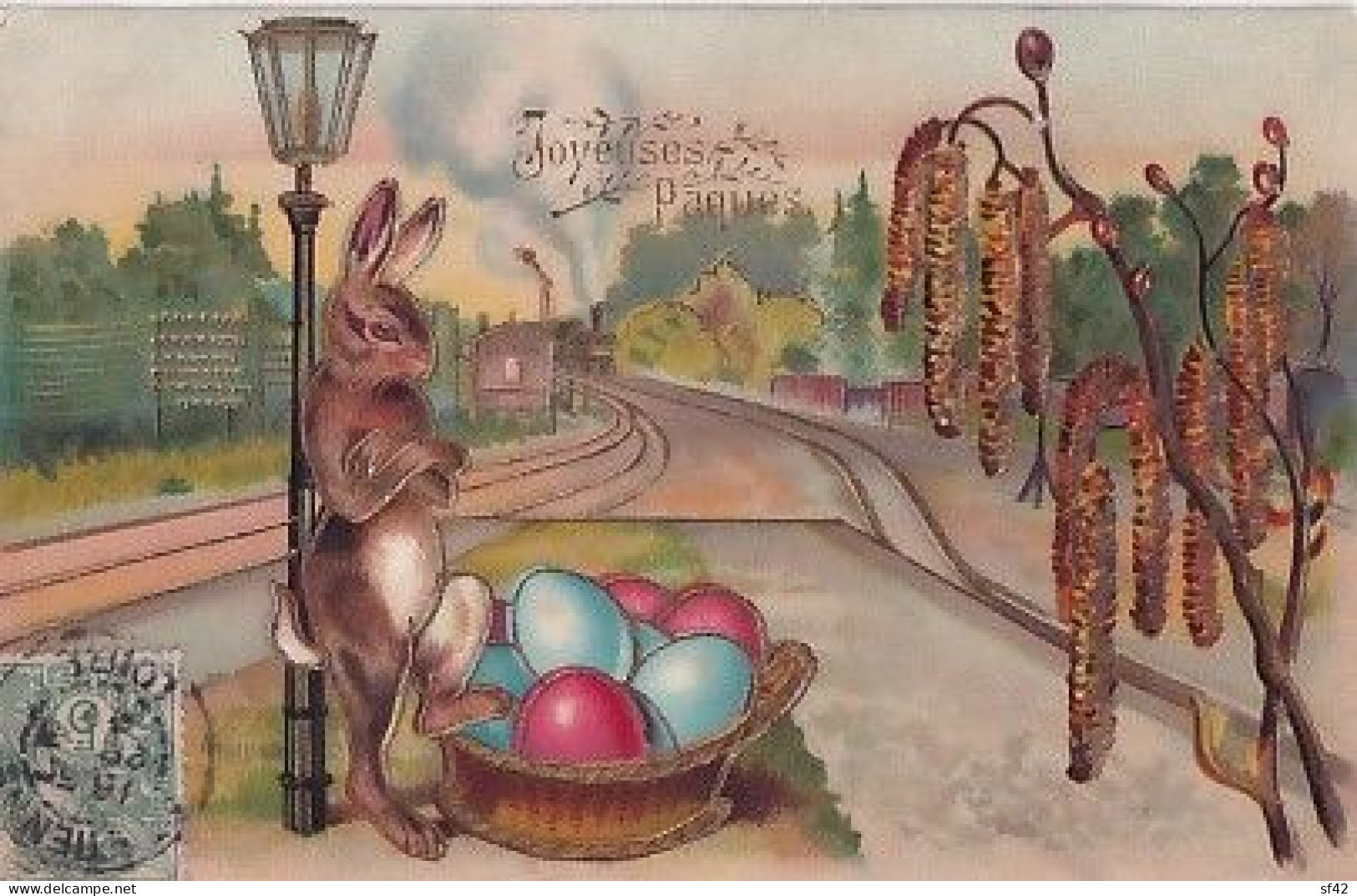 LAPIN MARCHAND D OEUFS      CARTE EN RELIEF ET DOREE - Ostern