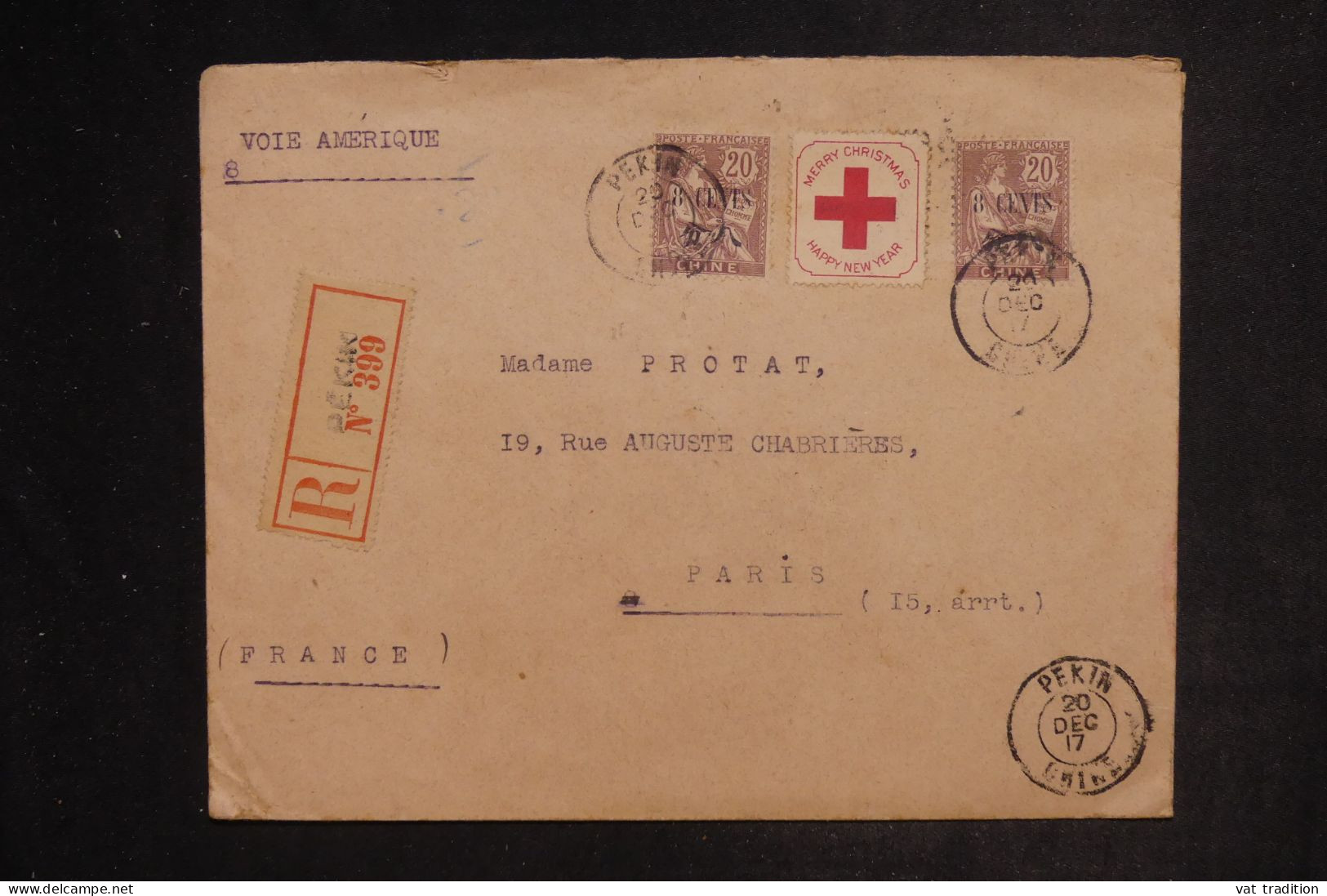 CHINE - Enveloppe En Recommandé De Pékin Pour Paris En 1917, Affranchissement Occupation Française - L 152467 - 1912-1949 République