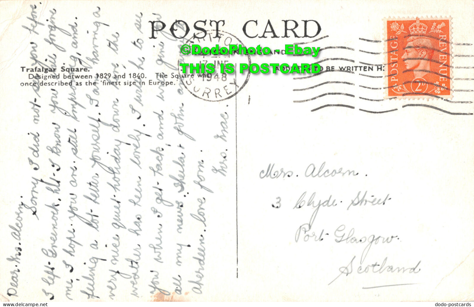 R417817 London. Trafalgar Square. Postcard. 1948 - Autres & Non Classés