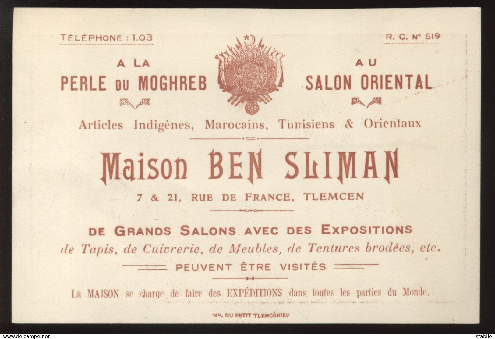 ALGERIE -  TLEMCEN - MAISON BEN SLIMAN, RUE DE FRANCE - ARTICLES INDIGENES, MAROCAINS, TUNISIENS & ORIENTAUX - Tlemcen