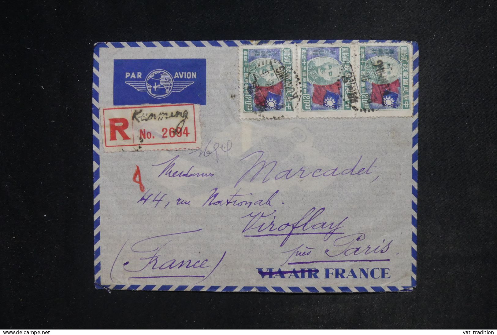 CHINE - Enveloppe En Recommandé De Kunming Pour La France En 1948, Affranchissement Recto Et Verso - L 152468 - 1912-1949 Repubblica