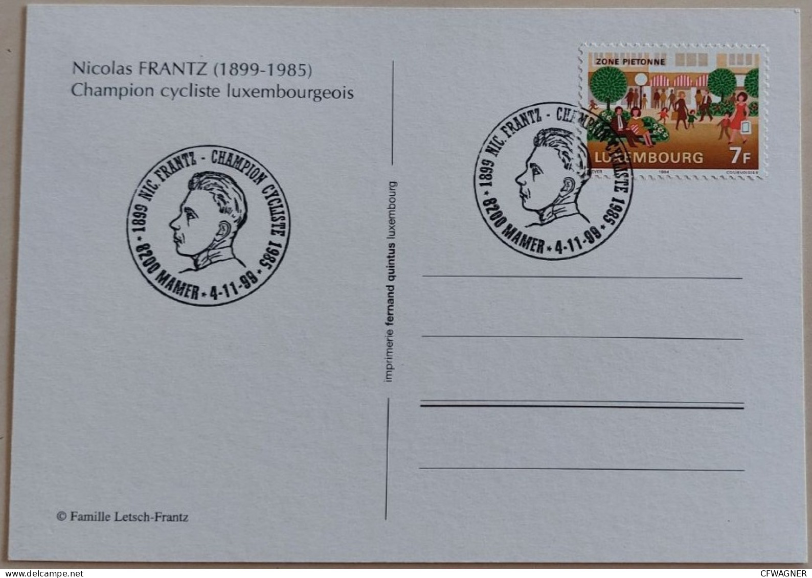 1999 Nic Frantz Champion Cycliste MAMER - Lettres & Documents