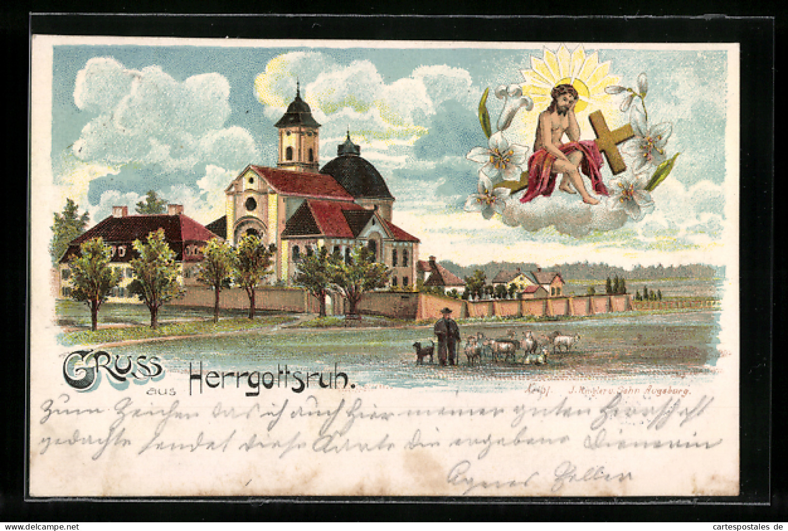 Lithographie Friedberg, Wallfahrtskirche Herrgottsruh, Jesus Mit Kreuz  - Friedberg