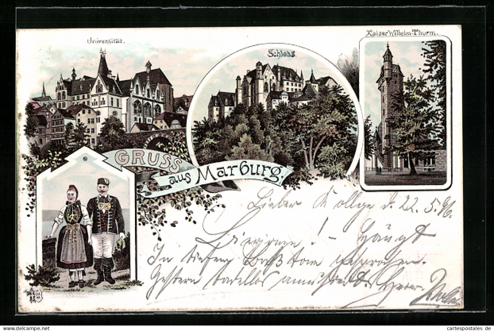 Lithographie Marburg, Universität, Schloss, Paar In Tracht  - Marburg