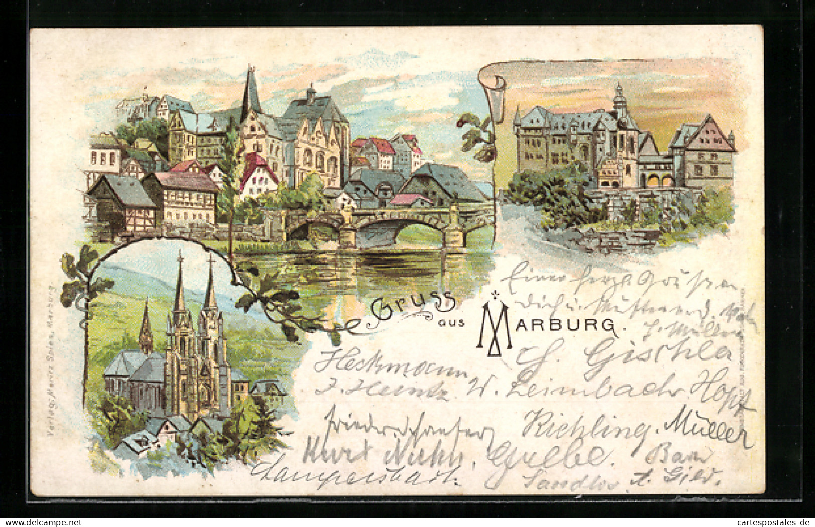 Lithographie Marburg, Wasserpartie Mit Brücke Und Elisabeth-Kirche  - Marburg