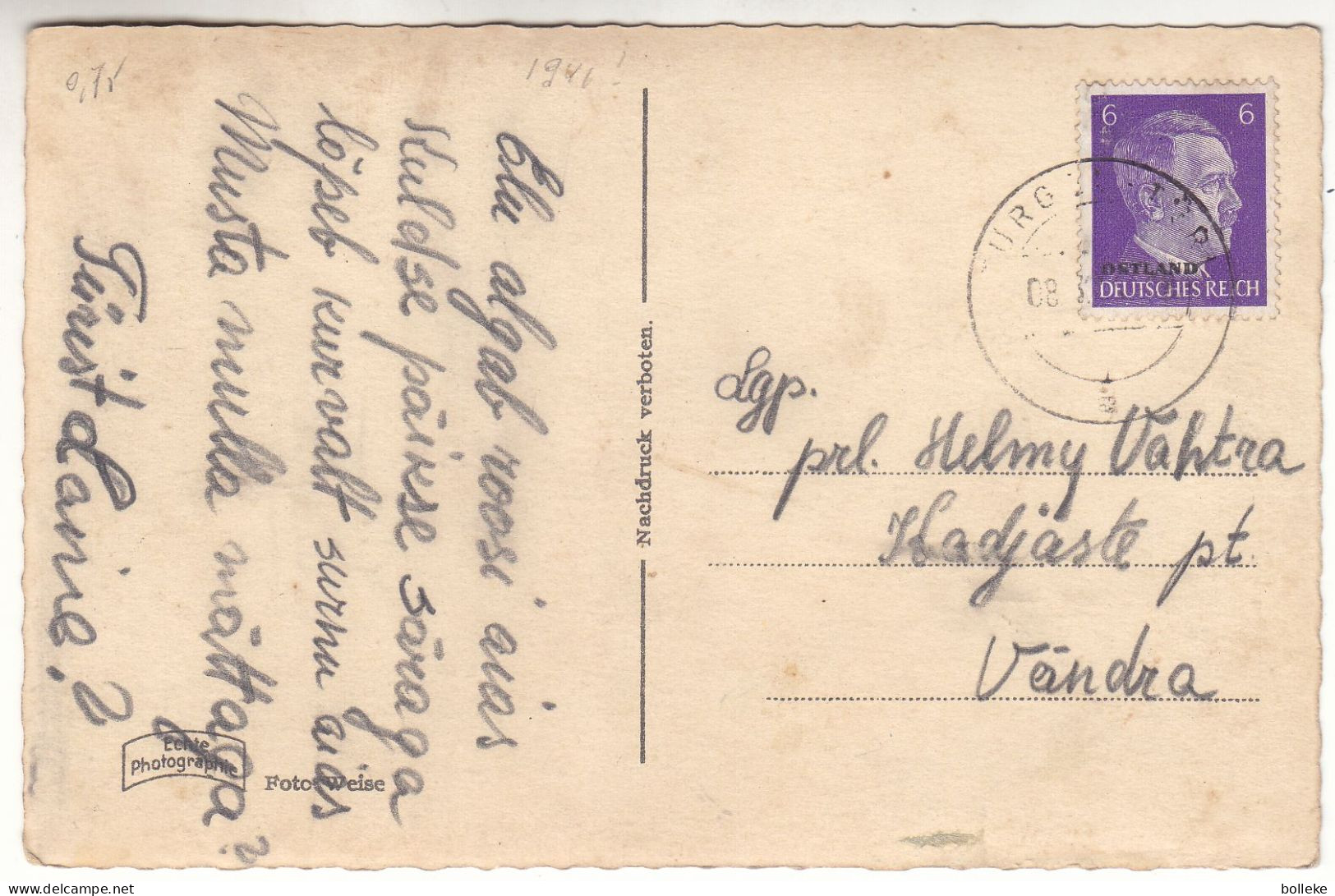 Allemagne - Ostland - Carte Postale De 1941 ? - Oblit Burg ... - Exp Vers Vändra - - Occupation 1938-45