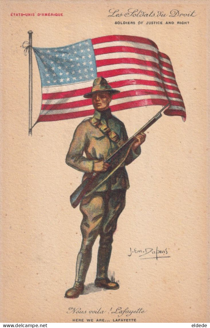 Art Card Flag And Soldier Of Justice And Right...... Signed Dupuis Here We Are Lafayette  WWI La Villette - Other & Unclassified