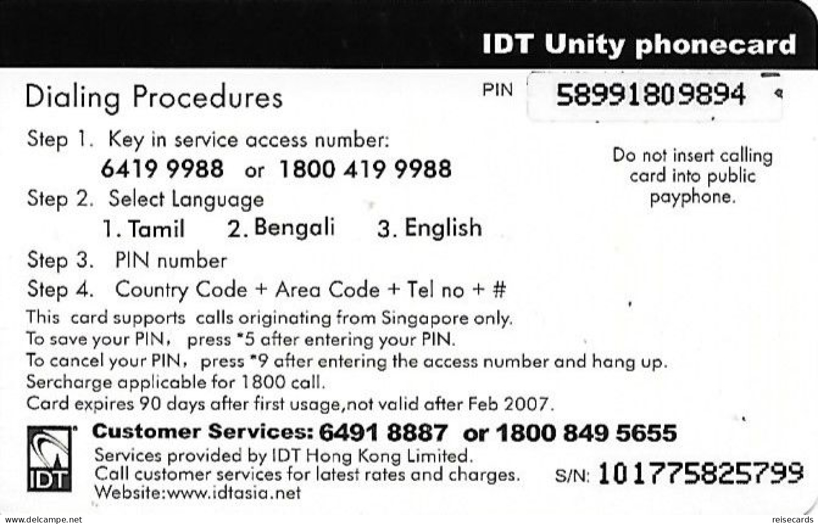 Singapore: Prepaid IDT - Unity 02.07 - Singapore