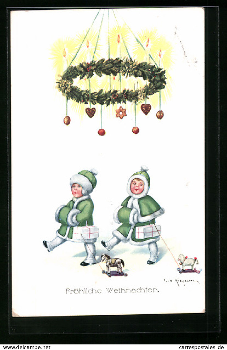 Künstler-AK Friedrich Kaskeline: Zwei Kleine Mädchen Mit Muff Und Spielzeug Unterm Weihnachtskranz  - Kaskeline
