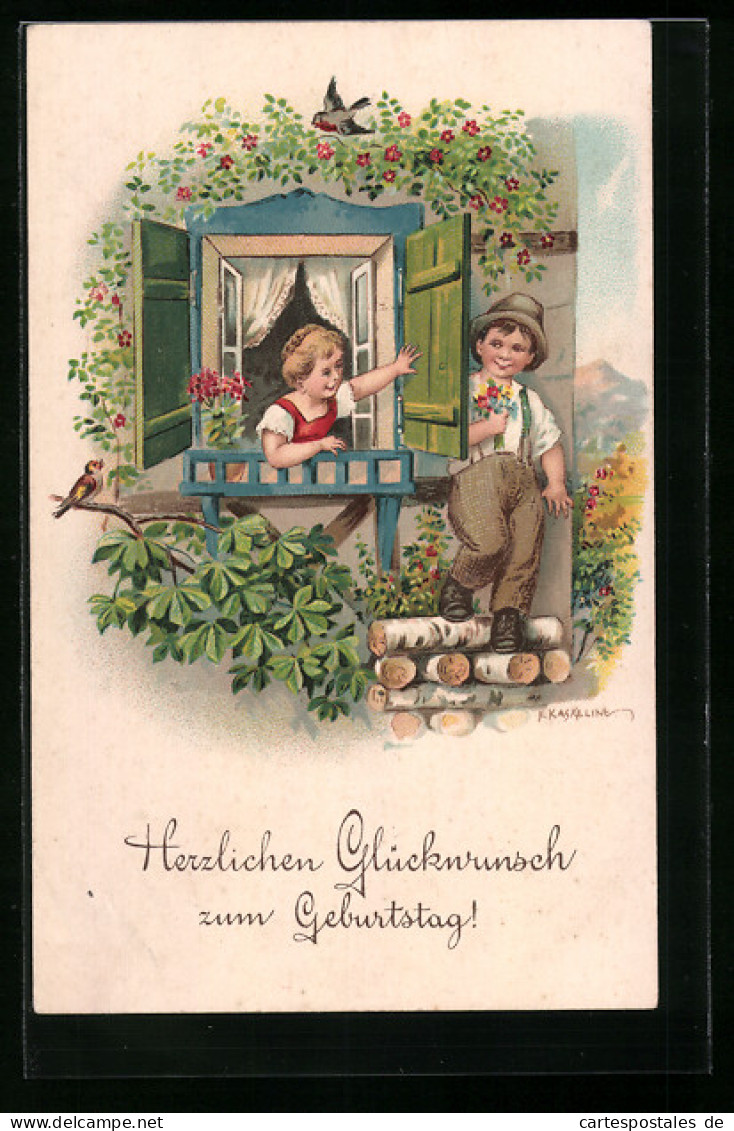 Künstler-AK Friedrich Kaskeline: Kleiner Junge Mit Hut überrascht Sein Mädchen Mit Blumen Vor Dem Fenster  - Kaskeline