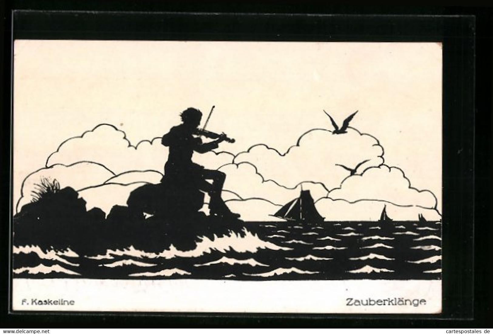 Künstler-AK Friedrich Kaskeline: Zauberklänge, Mann Spielt Am Meer Auf Den Felsen Sitzend Seine Geige, Schattenbild  - Kaskeline