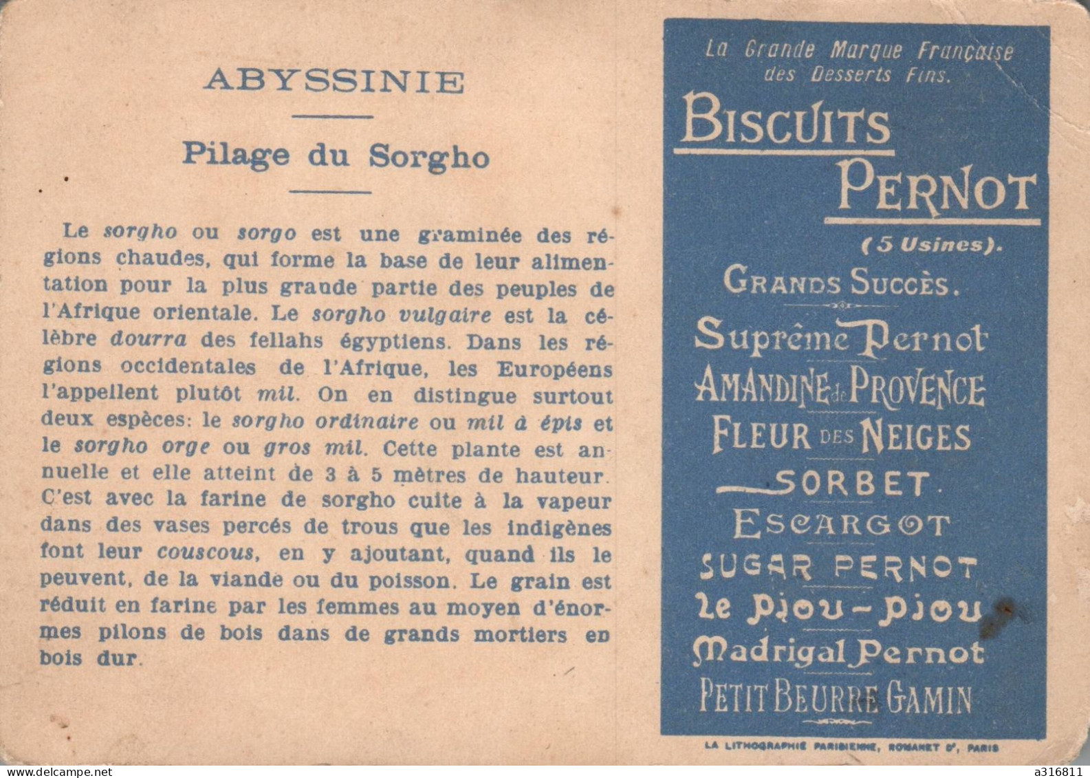 CHROMO BISCUIT PERNOT.....5 USINES...LE TRAVAIL CHEZ TOUS LES PEUPLES...ABYSSINE...PILAGE DU SORGHO.... - Pernot