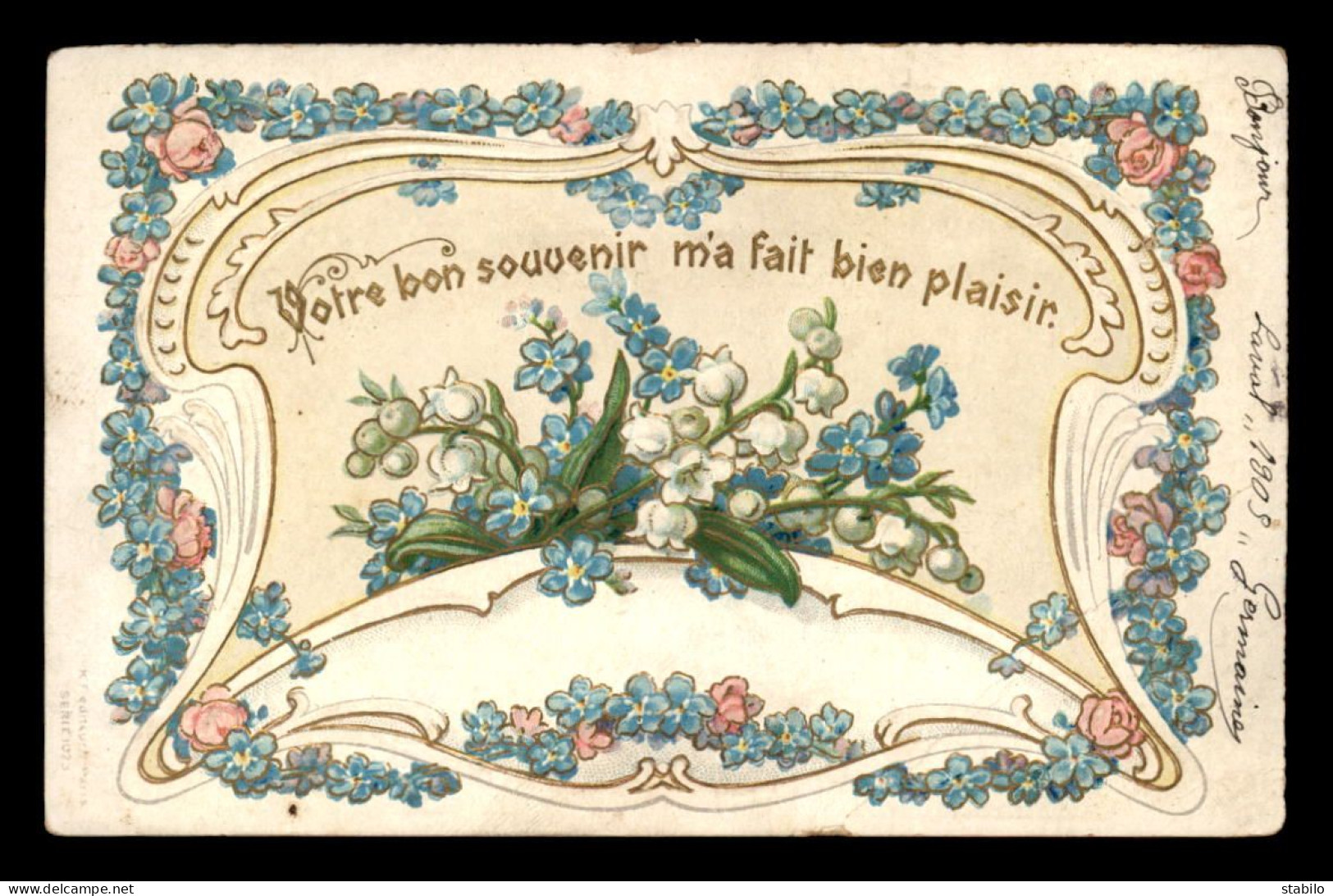 FANTAISIES - MUGUET ET MYOSOTIS - DECOR ART NOUVEAU - CARTE GAUFREE - Fleurs