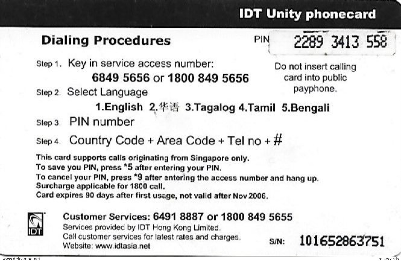 Singapore: Prepaid IDT - Unity 11.06 - Singapore