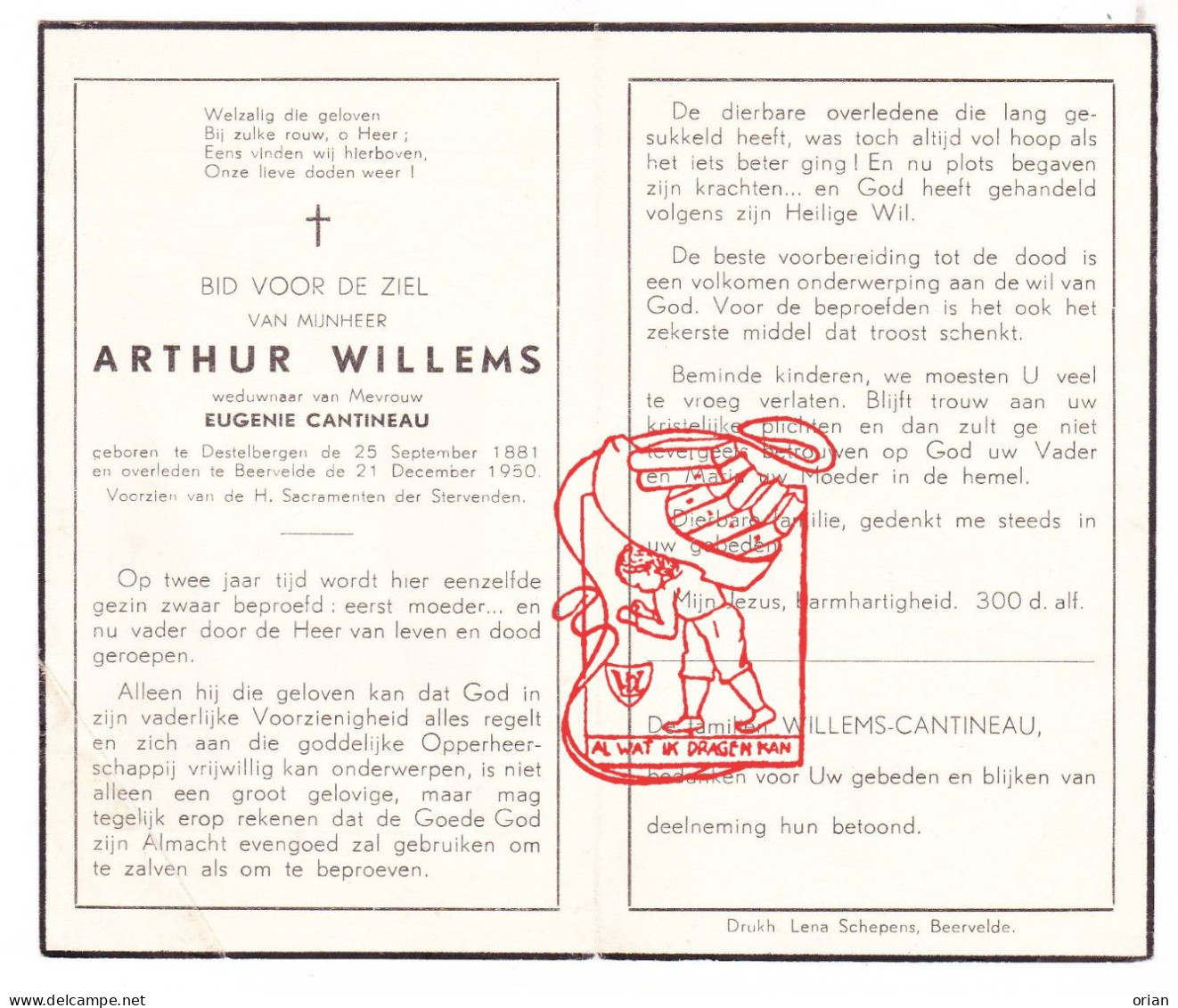 DP Arthur Willems ° Destelbergen 1881 † Beervelde Lochristi 1950 X Eugenie Cantineau - Andachtsbilder