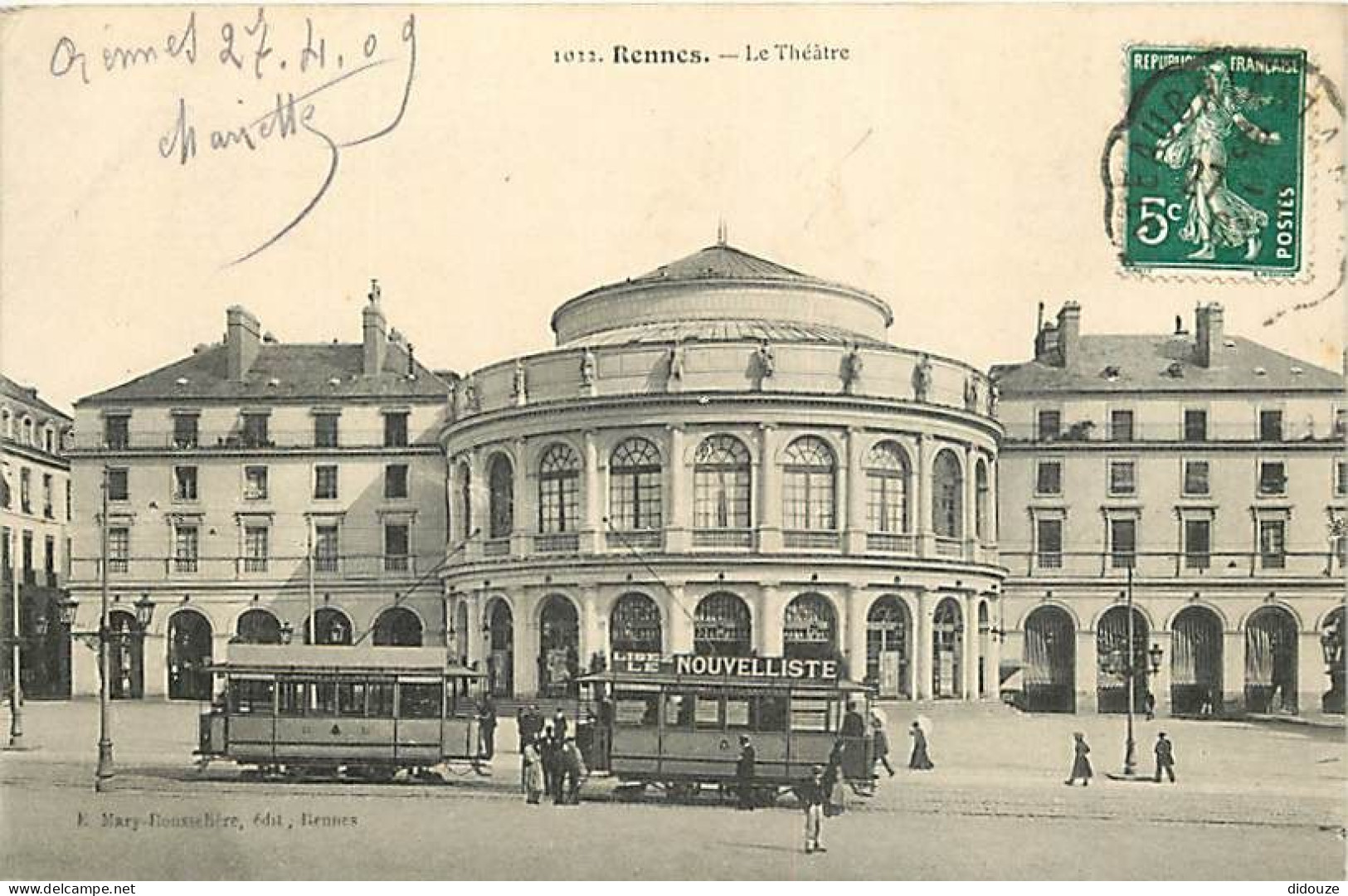 35 - Rennes - Le Théâtre - Animée - Tramway - Oblitération Ronde De 1909 - Etat Léger Pli Visible - CPA - Voir Scans Rec - Rennes