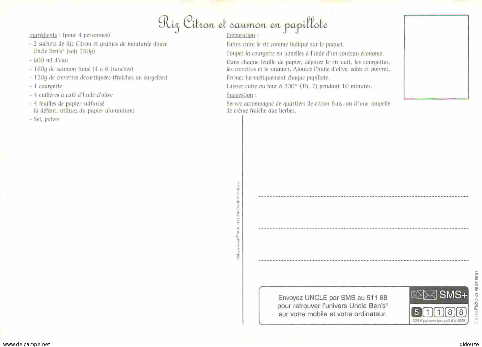 Recettes De Cuisine - Riz Citron Et Saumon En Papillote - Carte Publicitaire Uncle Ben's - Gastronomie - CPM - Carte Neu - Recettes (cuisine)