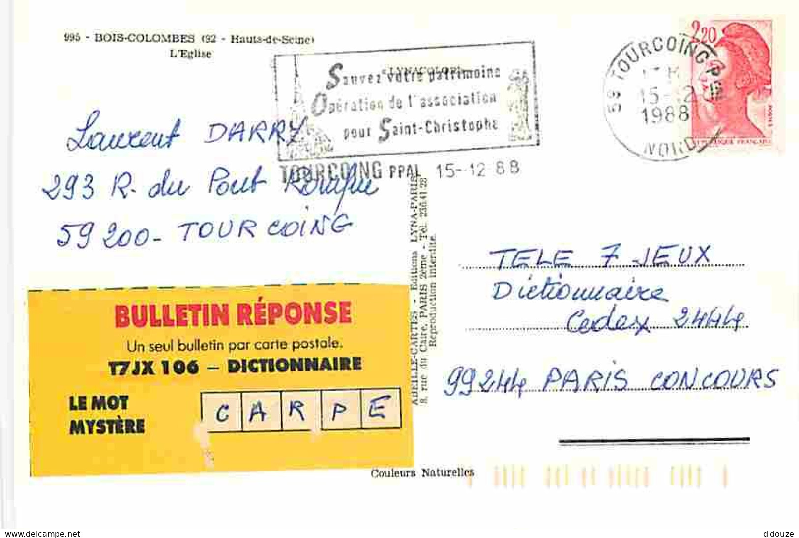 92 - Bois-Colombes - L'Eglise - Flamme Postale De Tourcoing - CPM - Voir Scans Recto-Verso - Sonstige & Ohne Zuordnung