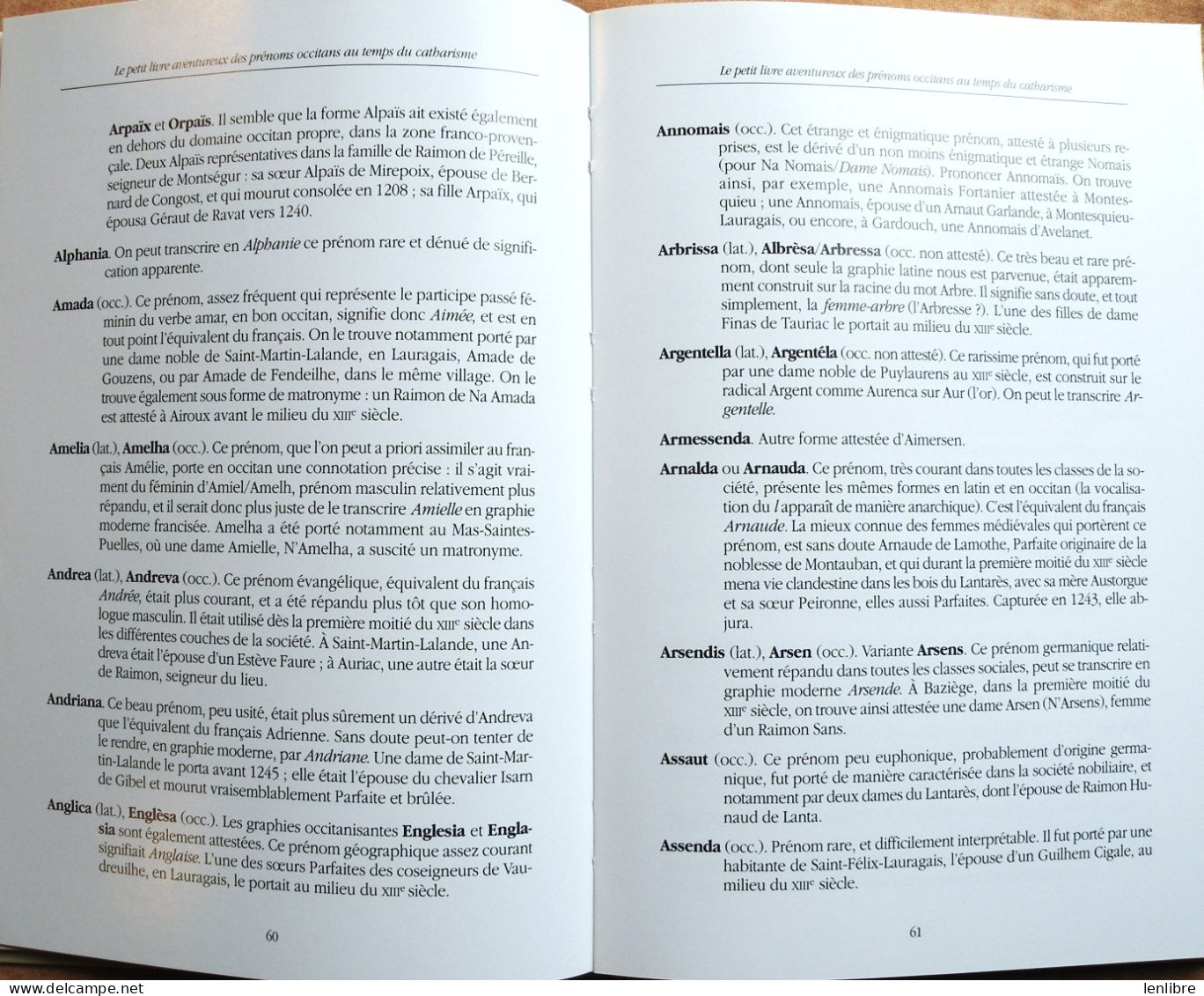 PRENOMS OCCITANS Au Temps Du Catharisme. A.Brenon. 1992. - Languedoc-Roussillon