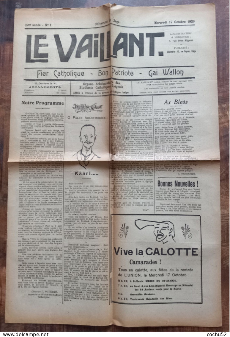 Etudiants Catholiques (Liège) - Journal---Le Vaillant---N° 1, 17 Octobre 1923 - Otros & Sin Clasificación